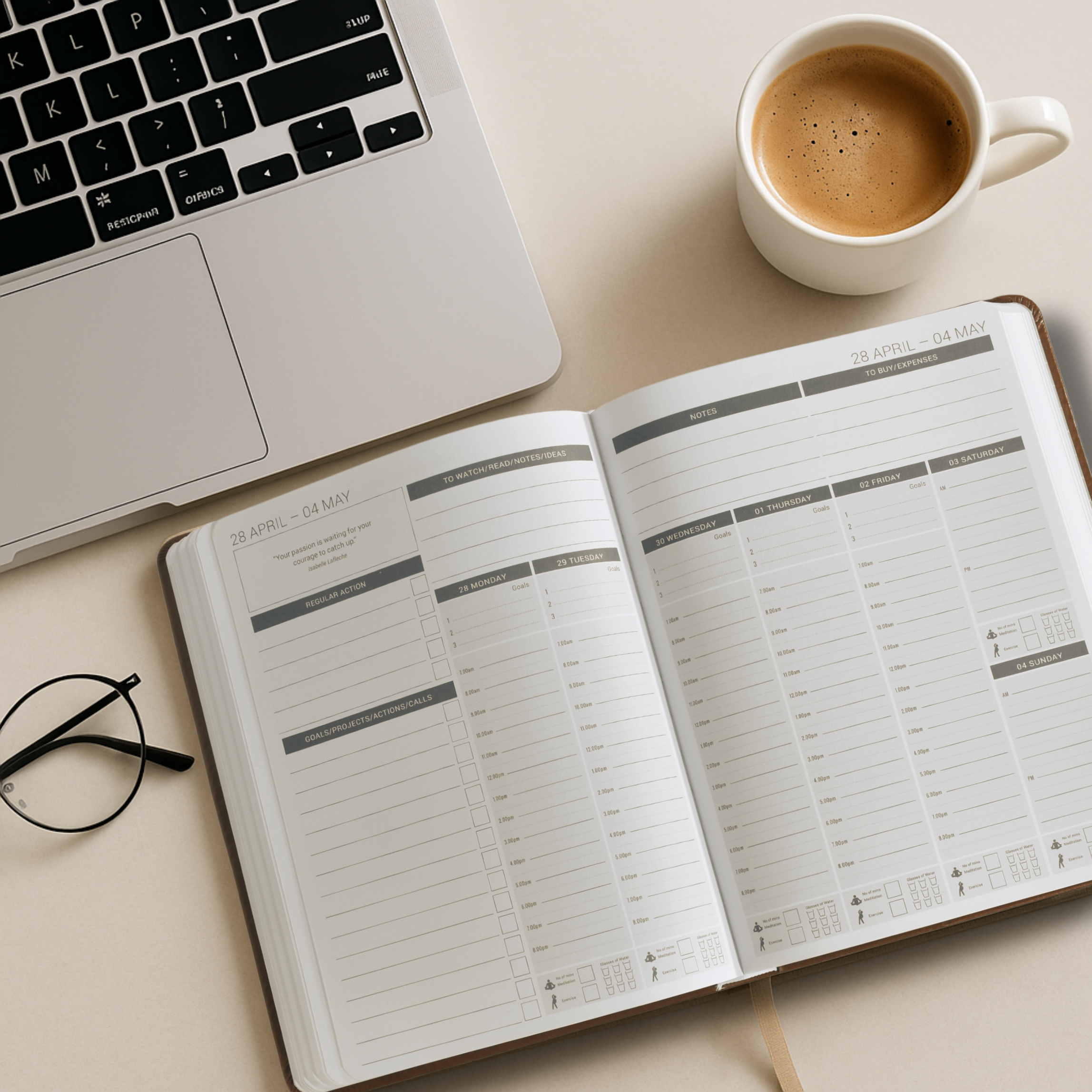 Entrepreneur Desk Setup with MY PA Business Planner, Laptop, and Coffee