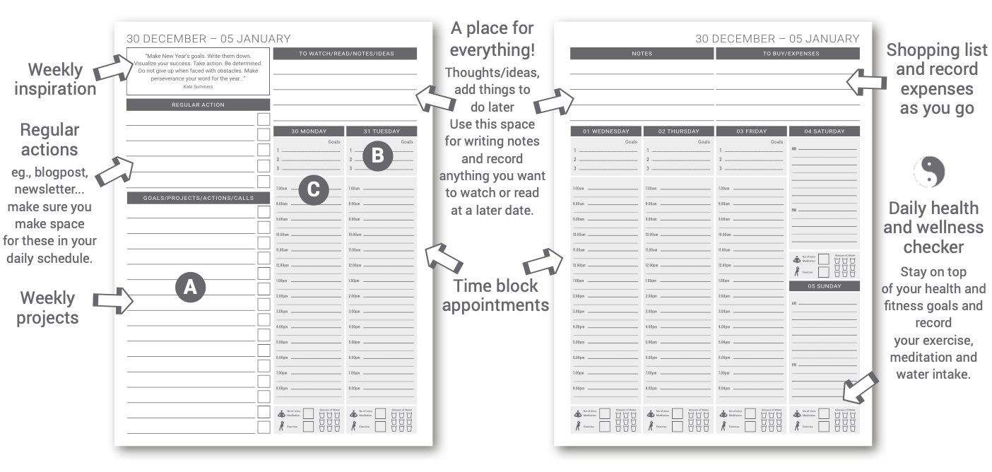 Weekly Planning Layout from MY PA Planner – Time-blocking, goals and wellness tracker